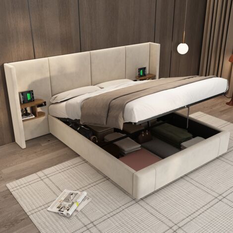 Lit double 160x200 capitonné velours beige - Sommier à ressorts hydraulique avec USB/prises - 2 Tables de chevet incluses (sans Matelas)