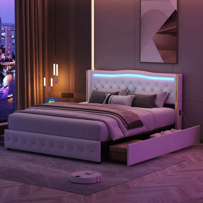 Lit double 140x200 cm, 4 tiroirs, éclairage led, 2 prises usb, cuir pu, sommier à lattes, lit capitonné adulte - Beige