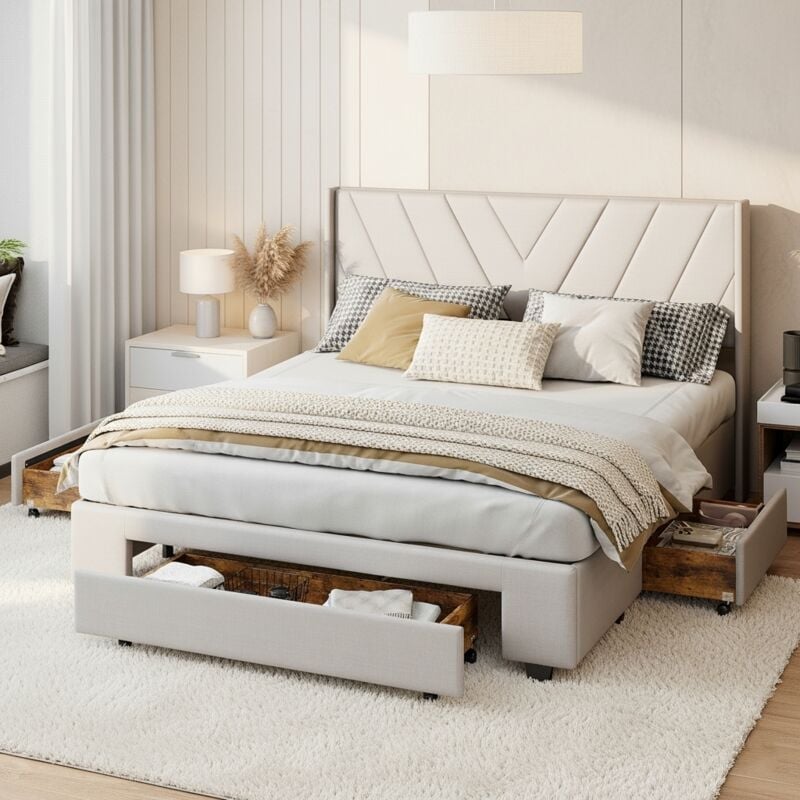 Lit double 140x200 cm avec 3 tiroirs, sommier à lattes, lit queen size, linge, lit capitonné pour adulte - Beige