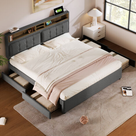 Lit double 160x200 cm, avec 4 tiroirs et prise USB C, tête de lit réglable en hauteur, sommier à lattes en bois (sans matelas), gris