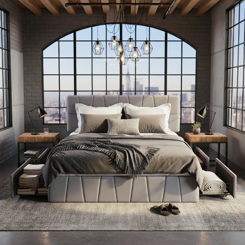 Eifson – Lit double 160x200 cm avec 4 tiroirs métalliques – Base à