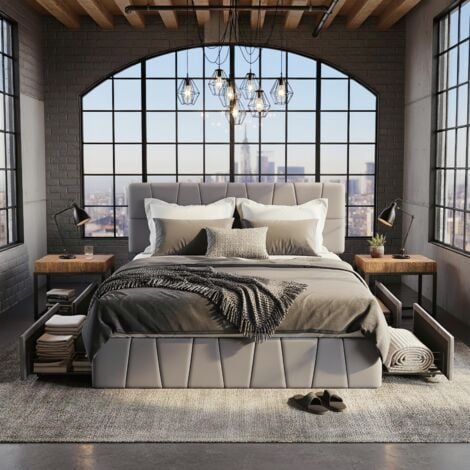 EIFSON Lit double 160x200 cm avec 4 tiroirs métalliques - Base à lattes, cadre métallique, tissu velours, pour adultes et adolescents - Gris