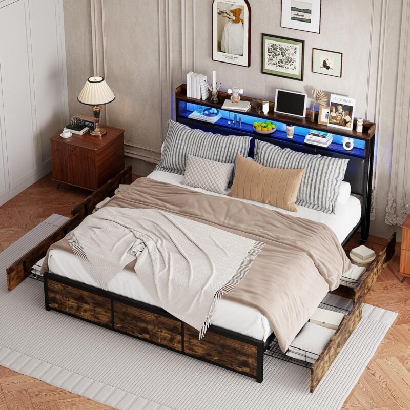 Lit double 160x200 cm avec 4 tiroirs, tête de lit avec éclairage led, sommier à lattes, cuir pu, style vintage - Marron
