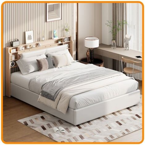 Lit Double 160x200 cm avec avec Compartiments de rangement,cuir PU blanc et tablette bois-Lit coffre double design minimaliste