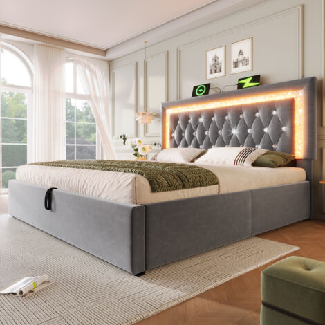 Lit double 160x200 cm avec bande lumineuse LED station de charge USB et Type C sommier hydraulique velours gris (Sans matelas)