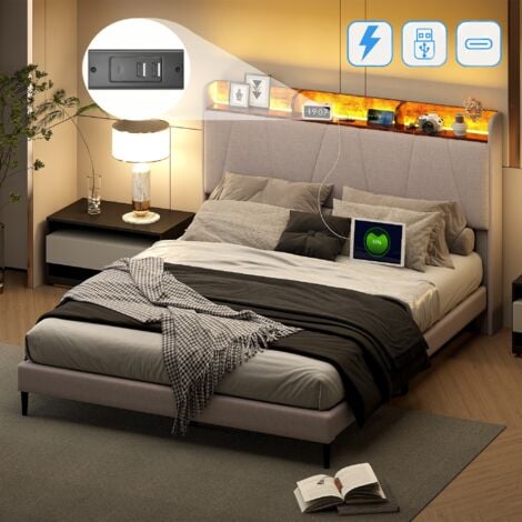 Lit double 160x200 cm, avec éclairage LED, USB fonction chargement C, sommier à lattes en bois, cadre en métal, lit capitonné en lin - Beige