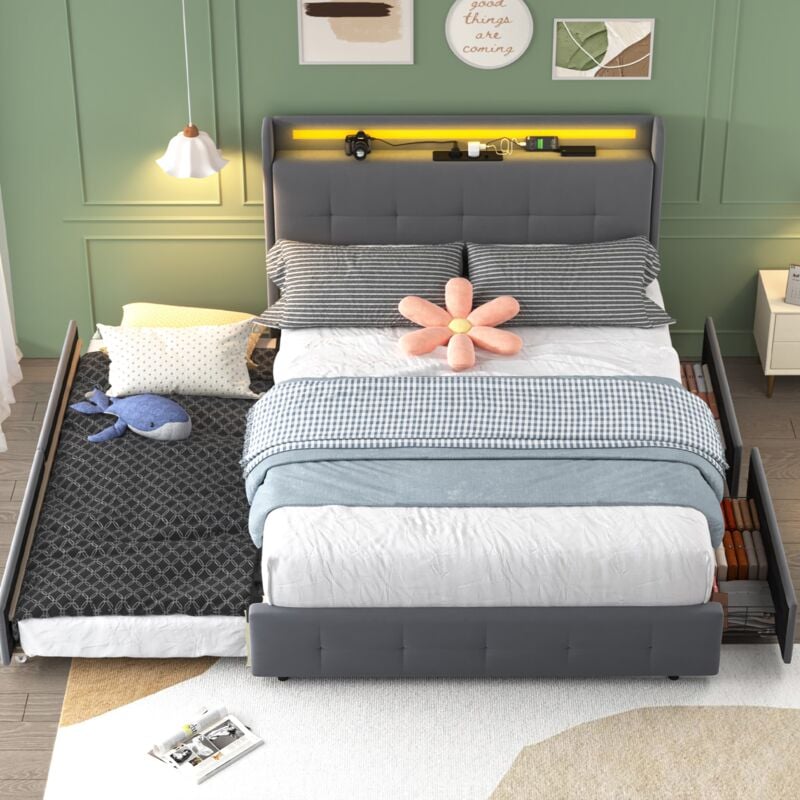 Eifson - Lit double 160x200 cm, avec lit gigogne, éclairage led et 2 tiroirs de rangement, sommier à lattes, velours, adapté aux adultes et