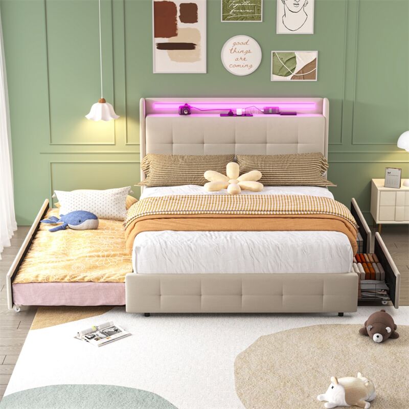 Eifson - Lit double 160x200 cm, avec lit gigogne, éclairage led et 2 tiroirs de rangement, sommier à lattes, velours, adapté aux adultes et