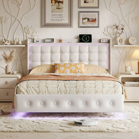 Lit Double 160x200 cm, avec prise USB et lumière LED, Lit Capitonné avec Sommier à Lattes, conception de pieds cachés, sans Matelas, Velours, Beige