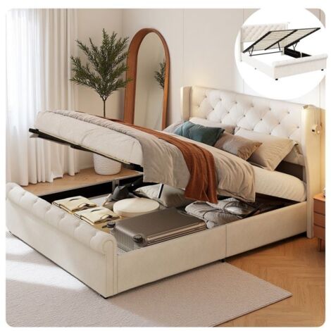Lit Double 160x200 cm avec Rangement Hydraulique, Velours Béige et 2 Lamps de Chevet, Design Français et Luxe