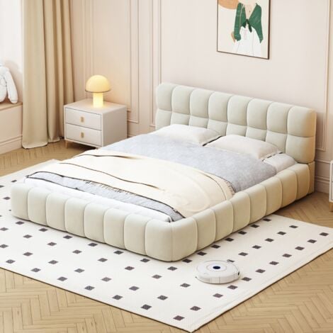 DANS LES NUAGES Lit double 160x200 cm, avec tête de lit en forme de guimauve, sommier à lattes en bois, cadre en métal, lit capitonné en coton et lin - Beige