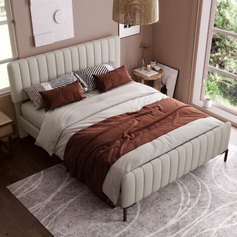 Lit double 160x200 cm, avec tête de lit réglable en Hauteur, sommier à lattes en bois, cadre en métal, lit capitonné en lin, adulte, adolescents - Beige