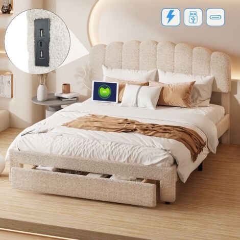DANS LES NUAGES Lit double 160x200 cm, avec tiroirs, USB-A/C fonction de charge, sommier à lattes en bois, lit capitonné en sherpa - Beige