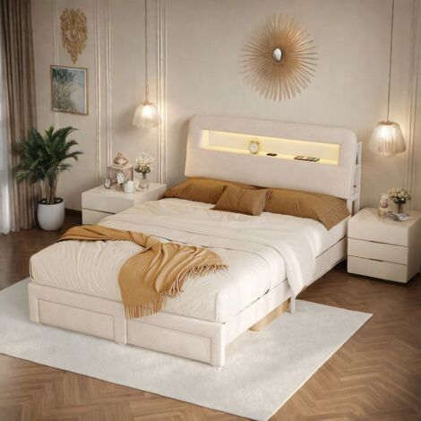 Lit double 160x200 cm - Beige - 2 tiroirs - USB - LED intégré