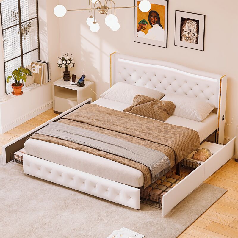 Lit double 160x200 cm, Bordure plaquée or de chevet, avec éclairage led, fonction de recharge des deux côtés du lit, pu, adapté aux adultes et