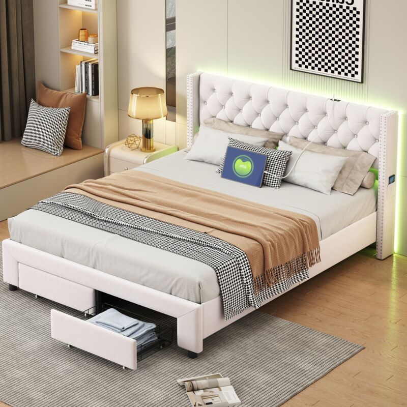 Lit double 160x200 cm, deux tiroirs au pied du lit, éclairage led, fonction de charge usb, poches de rangement sur le côté du lit, décor rivet,