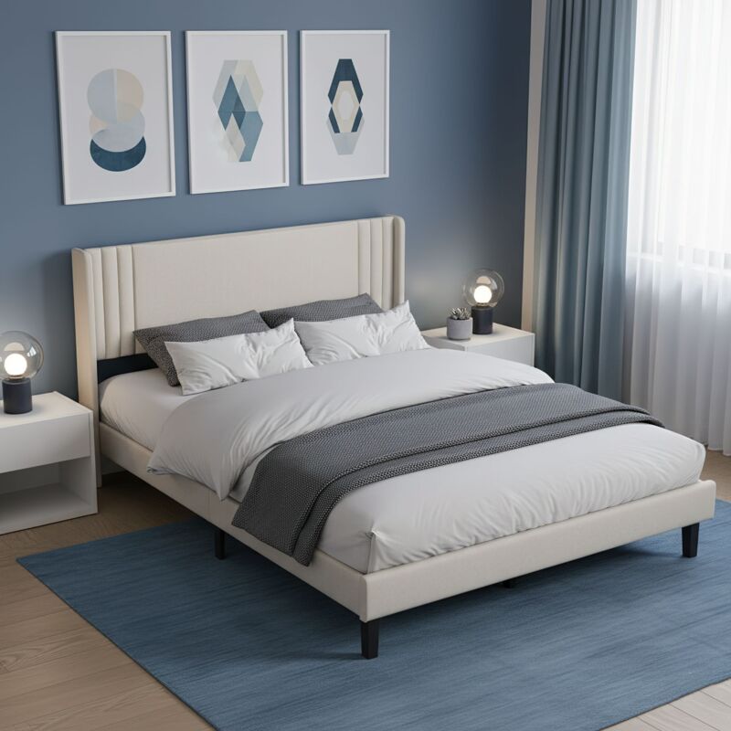 Lit double 140x190 cm en lin, 2 places, avec tête de lit, sommier à lattes en bois, lit adulte style minimaliste moderne - Beige