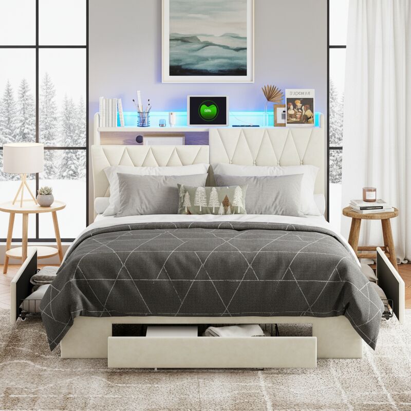 Lit Double 160x200 cm en Velours Beige avec 3 Tiroirs de Rangement, Éclairage LED et Prises Européennes