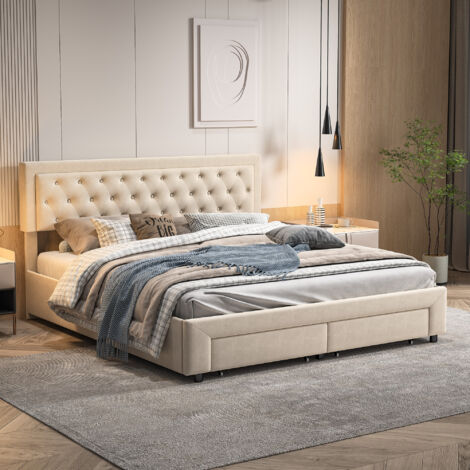Lit double 160x200 cm en velours beige – Tête de lit capitonnée à clous – Grand rangement hydraulique avec 2 tiroirs – Sommier à lattes