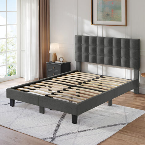 Lit Double 160x200 cm INRE - Structure de Lit avec Sommier à Lattes - Lit Capitonné avec Tête de Lit - Lit Adulte pour 2 Personne - Beige