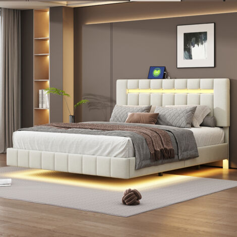 EIFSON Lit double 160x200 cm, lit flottant rembourré, avec éclairage LED et tête de lit à lattes, en lin, sommier à lattes, structure en métal, adapté aux adultes, adolescents - Beige