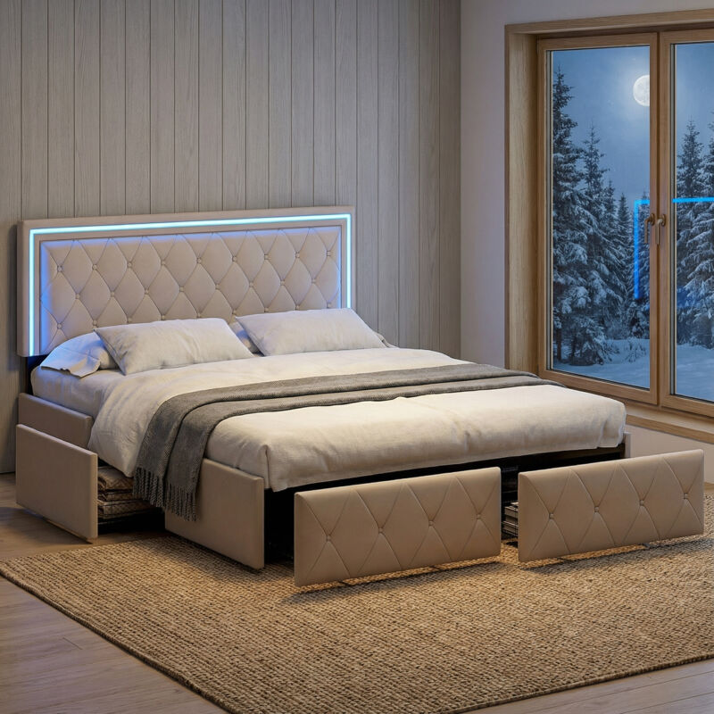 Fortuna Lai – Lit adulte 160x200 avec sommier – 4 tiroirs en maille métallique – Éclairage LED RGB intégré – Tête de lit réglable – Design scandinave