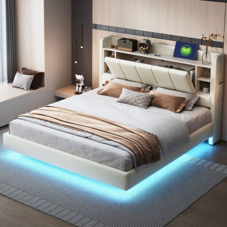 Lit Double 160x200 cm Rembourré USB/Bande Lumineuse, Tête de Lit Réversible Rangements, Revêtement Lin Beige (sans Matelas)