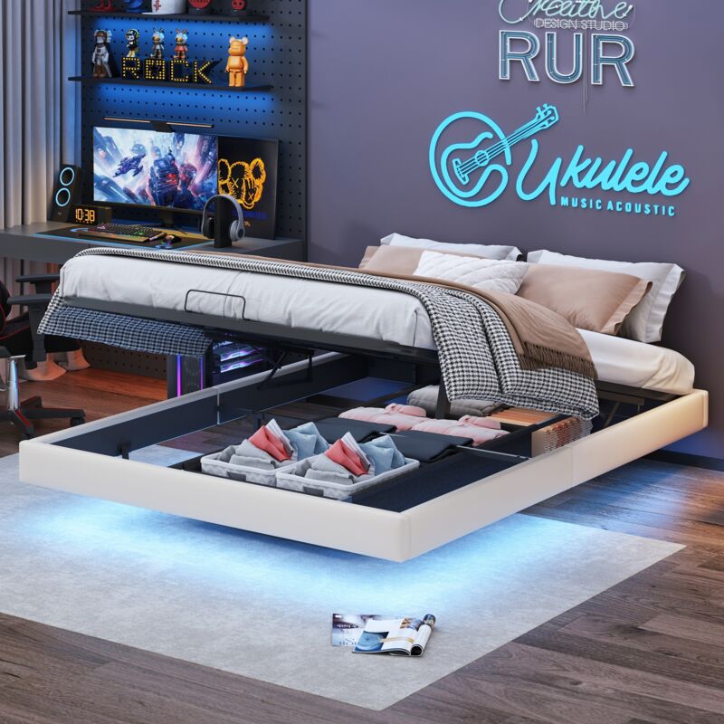 Tanant - Lit 160x200 cm, cadre de lit, lit flottant avec éclairage led, sans tête de lit, coffre de lit rangement, simili cuir, Lit adulte - Beige