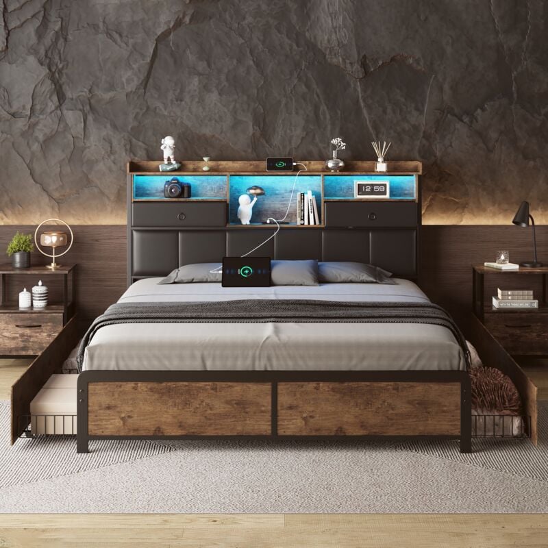 Lit double 160x200 cm, avec 4 tiroirs en fer, éclairage led, fonction de charge usb, 2 petits tiroirs en tête de lit, cloison ouverte, sommier à