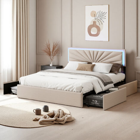 Lit double 160x200 cm - tissu en lin - 4 tiroirs - LED - lit 160x200 cm - Beige