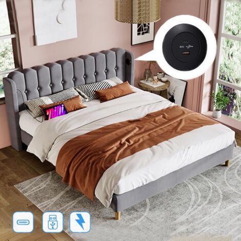 Lit double 160x200 cm, tissu Lin, avec ports de charge USB, sommier à lattes, lit adulte capitonné, style moderne - gris