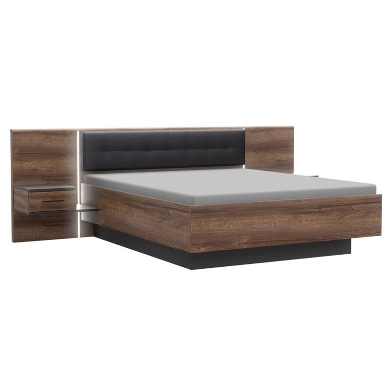 Lit double 160x200 décor bois avec tables de chevet et LED - RIVIERA - Bois