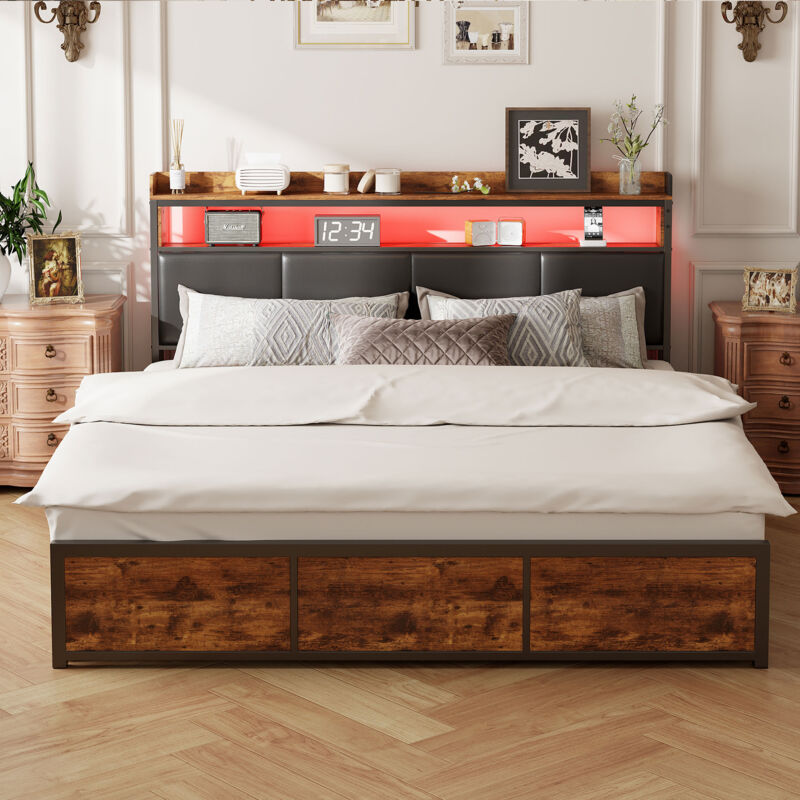 Blanketswarm - Lit Double 160x200, Lit 160x200 avec 4 Tiroir, Lit Adulte led, Lit Capitonné Tête de Lit avec Rangement, Cadre de Lit Sommier à