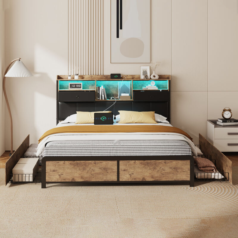 Blanketswarm - Lit Double 140x200, Lit 140x200 avec Prise usb, Lit Adulte led, 4 Tiroirs, Lit Capitonné Tête de Lit avec Tiroirs, Cadre de Lit