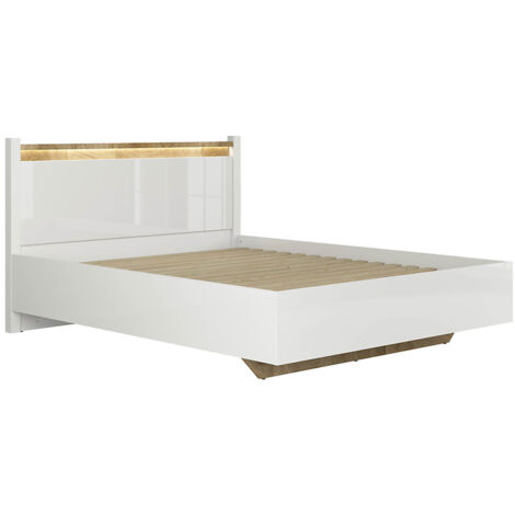 Lit double 160x200 lit 2 places + éclairage LED, coloris Blanc brillant/Chêne clair - Longueur 208,5 x Profondeur 165,5 x Hauteur 42,5-104 cm