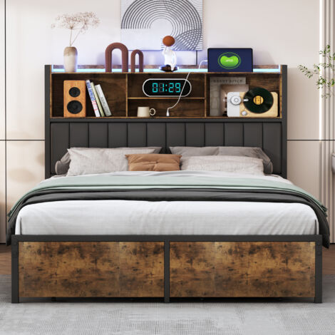lit double 160x200, lit adulte 160x200, lit coffre avec 2 tiroirs, avec éclairage LED et fonction de chargement USB, tête de lit capitonné avec rangement, sommier à lattes métalliques, sans matelas, P