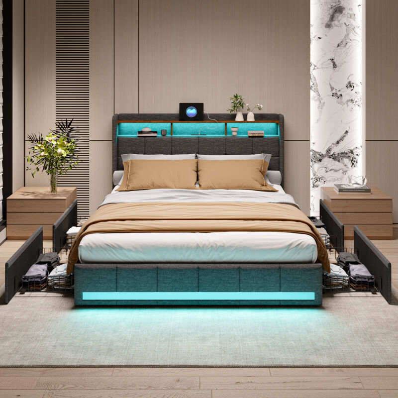 lit double 140x200, lit capitonné 140x200, lit coffre avec 4 tiroir, lit adulte LED avec chargement 2 USB et Type-C, tête de lit avec rangement,