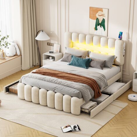 Lit double 160x200 rembourré velours beige, bande LED, système stéréo, 4 tiroirs, rangement intégré (sans matelas)