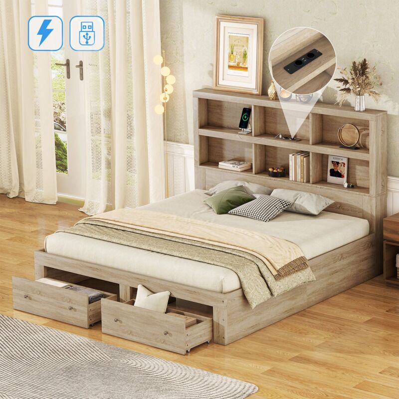 Lit double 160x200 cm, avec 2 tiroirs, sommier à lattes en bois, usb fonction de charge, 6 étagères ouvertes, lit adulte - Marron