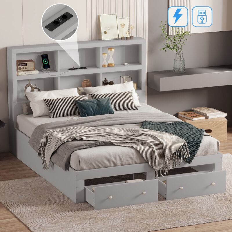 Lit double 160x200 cm, avec 2 tiroirs, sommier à lattes en bois, usb fonction de charge, 6 étagères ouvertes, lit adulte - Gris
