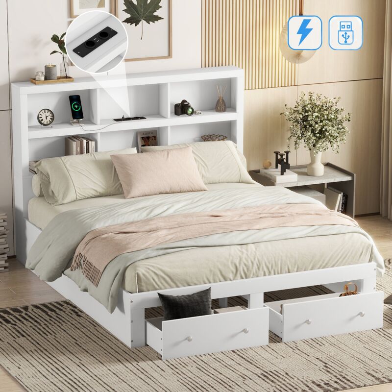 Lit double 160x200 cm, avec 2 tiroirs, sommier à lattes en bois, usb fonction de charge, 6 étagères ouvertes, lit adulte - Blanc