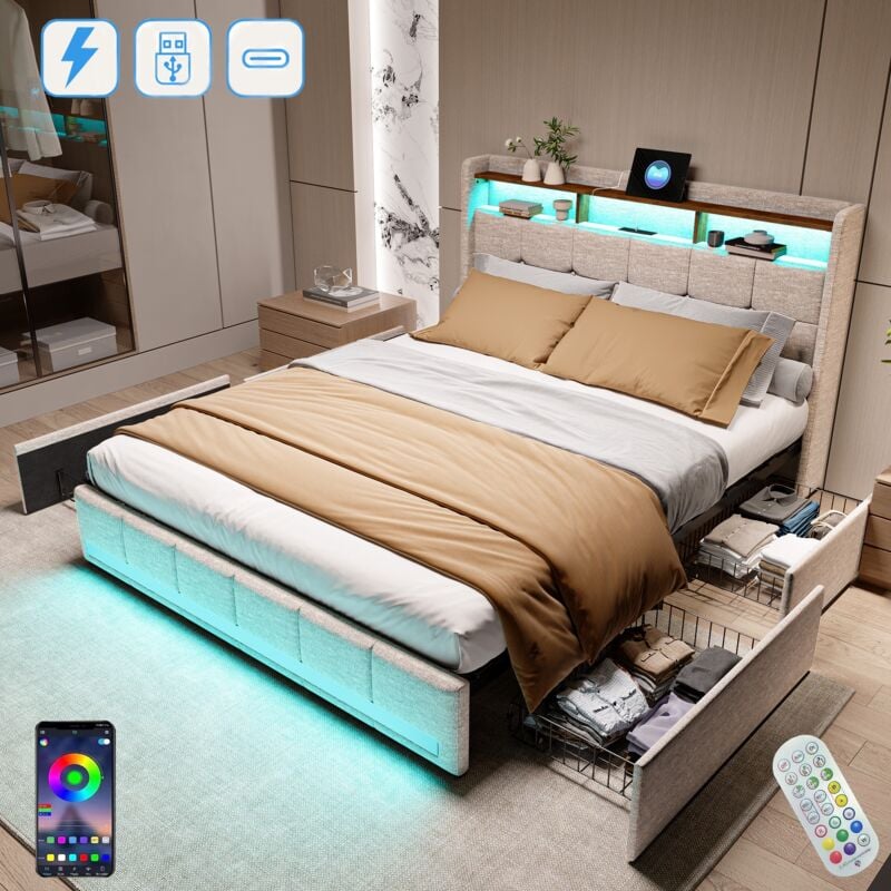 Lit double 160x200 cm, avec 4 tiroirs, éclairage led, étagères, usb fonction de charge c, sommier à lattes en bois, lit capitonné en lin - Beige