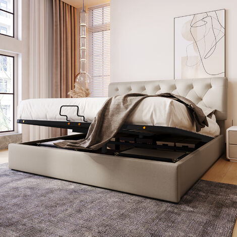 Lit double 160x200cm avec coffre de rangement, Tissu en lin, Sommier à lattes en métal, Style contemporain, Naturel