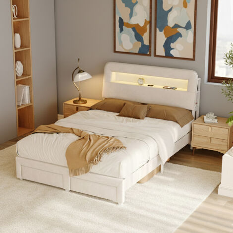 Lit double 160x200cm avec éclairage LED et charge USB, tête de lit avec rangement, lit capitonné avec 2 tiroirs, lits de tiroir, velours, sans matelas, beige