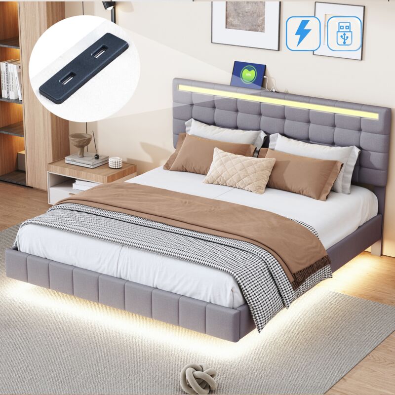 Lit double 160x200 cm, avec éclairage led, usb charge, sommier à lattes en bois, cadre en métal, lit capitonné en lin - Gris