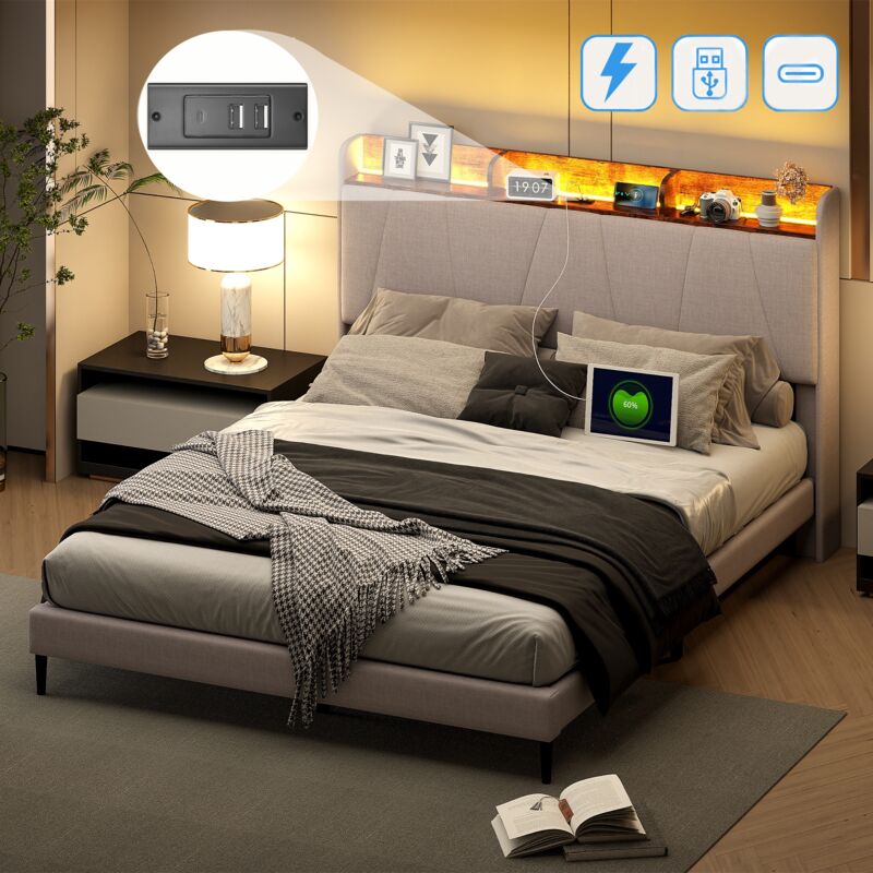 Lit double 160x200 cm, avec éclairage led, usb fonction chargement c, sommier à lattes en bois, cadre en métal, lit capitonné en lin - Beige