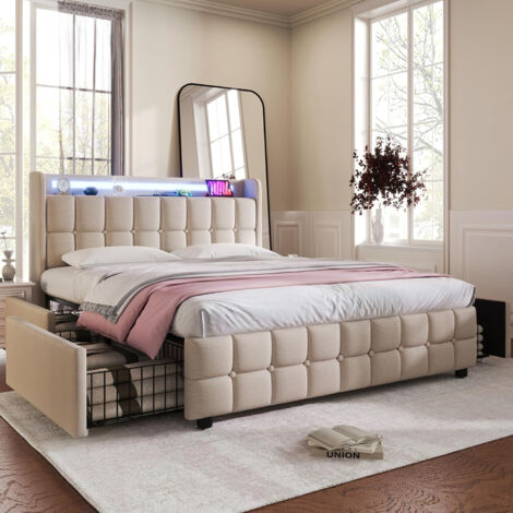 Lit double 160x200cm avec fonction de chargement USB, lit adulte éclairage LED et 4 tiroirs, tête de lit et espace de rangement, Tissu en lin, beige