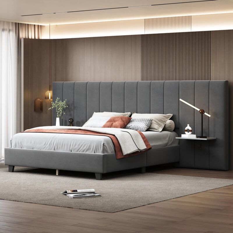 Lit double 160x200 cm, avec sommier à lattes, tête de lit et dossier prolongés, 2 étagères, tissu velours, lit adulte style Classique - gris