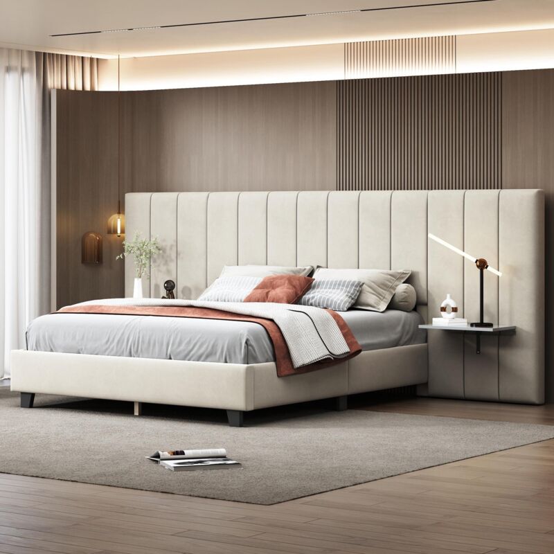 Dans Les Nuages - Lit double 160x200 cm, avec sommier à lattes, tête de lit et dossier prolongés, 2 étagères, tissu velours, lit adulte style