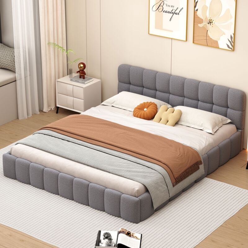 Lit double 160x200 cm, avec tête de lit en forme de guimauve, sommier à lattes en bois, cadre en métal, lit capitonné en coton et lin - Gris